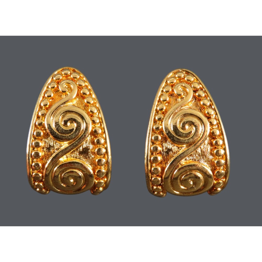 VTG AVON EARRINGS Gold Tone SCROLL WORK Dotted Edges J-SHAPE Wide Semi-Hoop